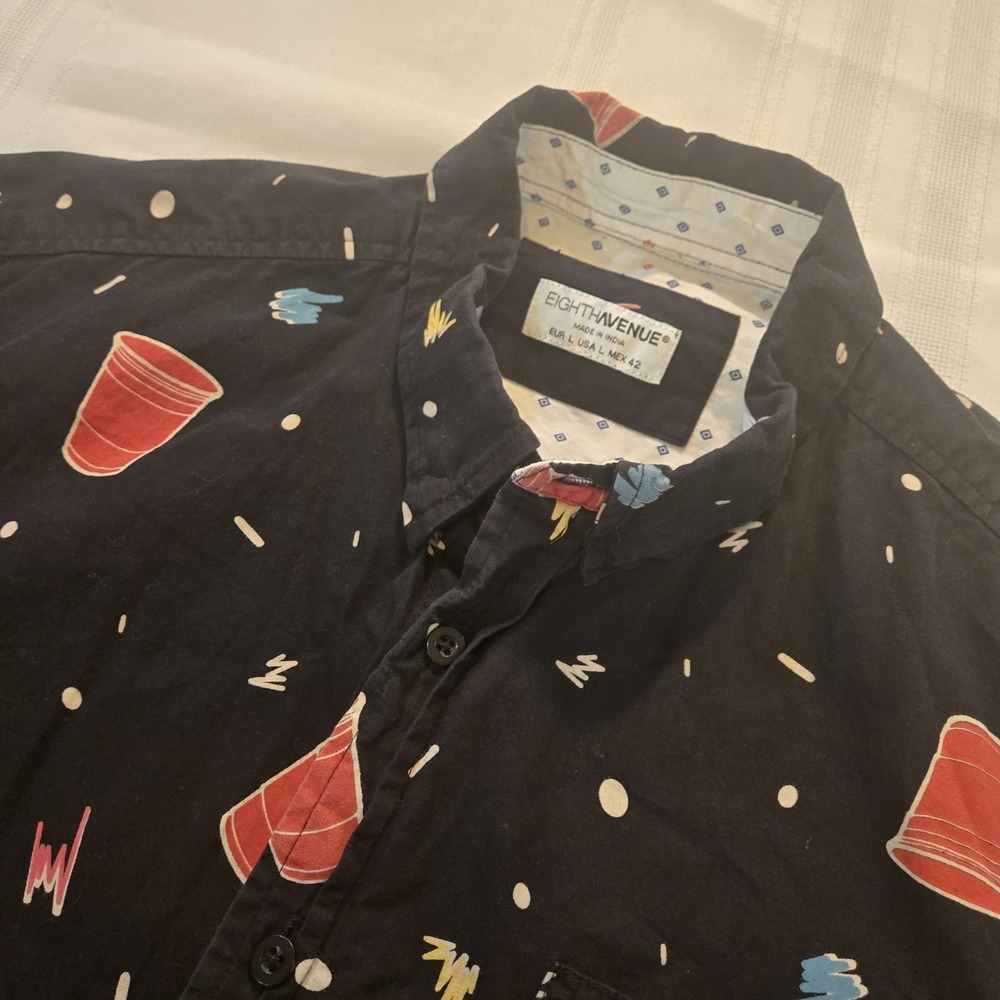 Eighth Avenue Red Solo Cup Party Button Up Shirt Mens L Black Short Sleeve Retro